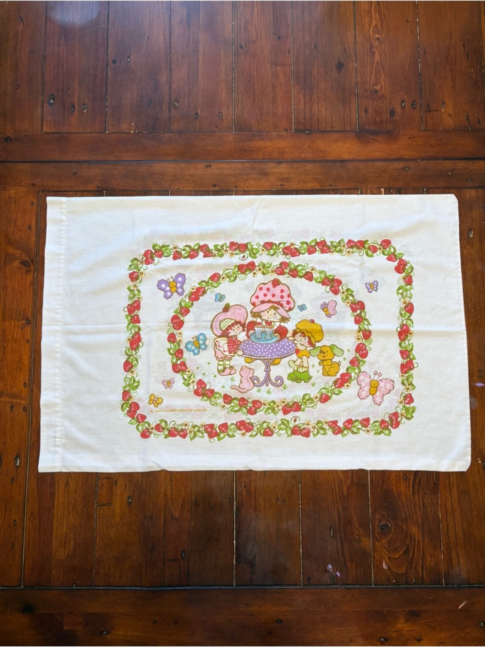 American Greetings White Pillowcase with Pink, Red and Green Strawberry Border